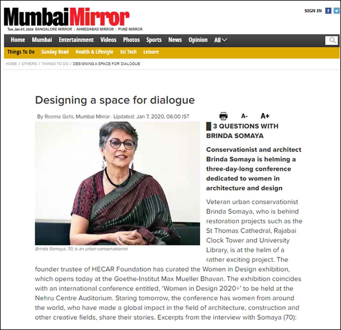 Design a Space for dialogue, Mumbai Mirror - January 2020